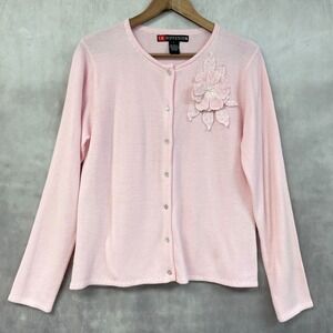 IB Diffusion Cardigan Sweater Womens Large Pink Floral Applique Soft Coquette‎
